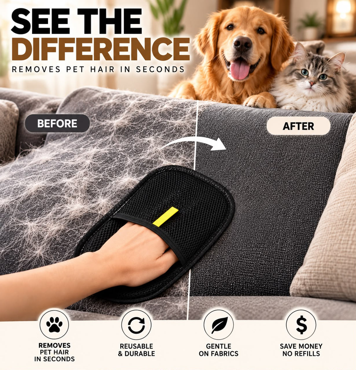 Pet Hair Remover Glove -  Reusable & Easy Clean